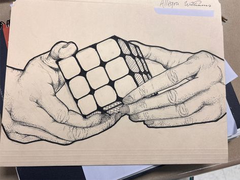 Clean black and white Rubix Cube Drawing, Rubix Cube Art, Rubric Cube, Rubik's Cube Solve, Hands Drawing, Rubix Cube, Project Work, Black And White Drawing, Drawing Sketches