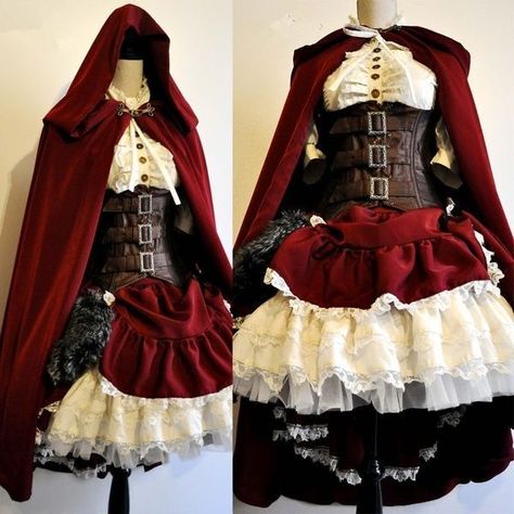 Leather Tunic, Lace Hem Dress, Vestidos Anime, Steampunk Dress, Red Cape, Old Fashion Dresses, Hooded Cloak, Dress Halloween Costume, Gothic Steampunk