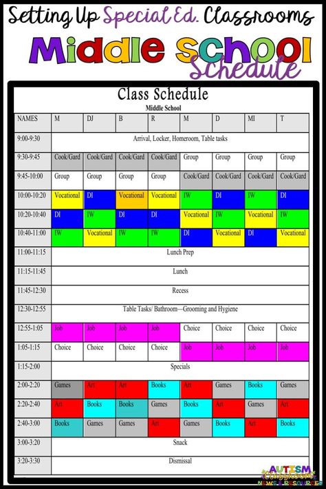 Classrooms Middle School, Middle School Schedule, Special Education Schedule, High School Special Education Classroom, Middle School Special Education, High School Special Education, Middle School Life, Life Skills Curriculum, Classroom Schedule