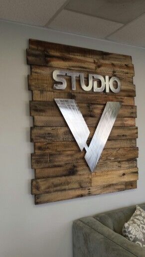 Steel logo on a reclaimed pallet wood frame backlit with led lights Steel Logo, Shop Signage, Neon Box, Interior Signs, Reclaimed Pallet Wood, Logo Wall, Custom Metal Signs, Church Design, Signage Design