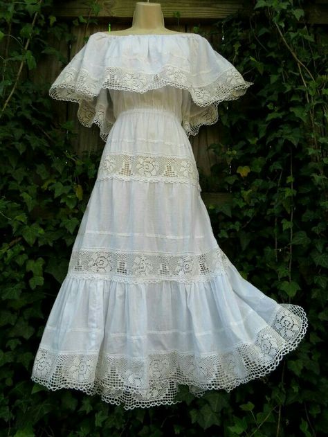 The dress is a vintage, white wedding dress, from the 1890s that Elena will be using for her wedding. Peasant Wedding Dress, Mexican Dresses Traditional, Latina Dress, Wedding Crochet, White Mexican, Traditional Mexican Dress, Mexican Boho, Mexican Wedding Dress, Mexican Fashion