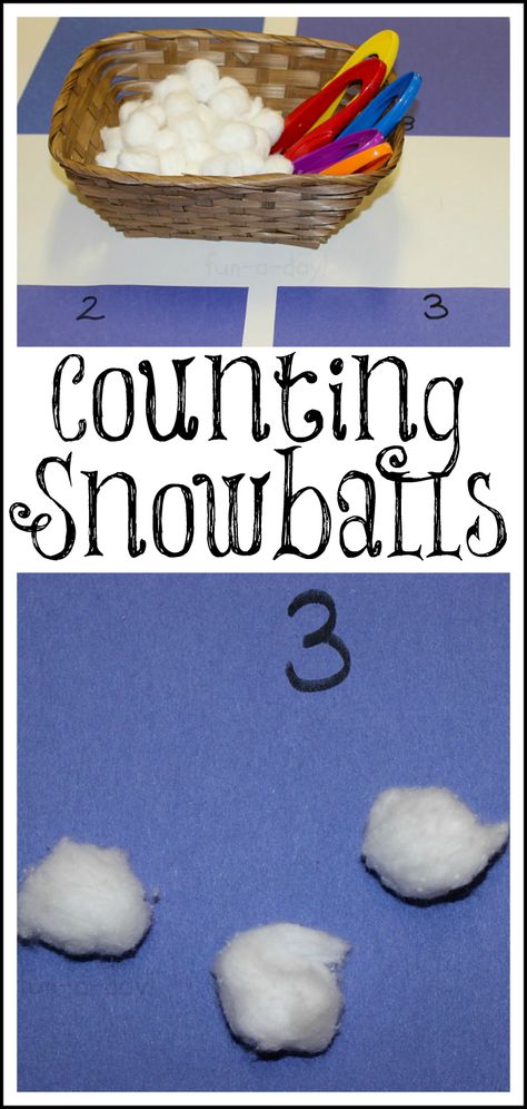 Counting Snowballs from www.fun-a-day.com - A winter math activity for preschoolers. Easy to set up, with a lot of learning! Preschool Winter Math Activities, Preschool Winter Math, Winter Lesson Plan, Winter Math Activities, Winter Theme Preschool, Activity For Preschoolers, Winter Activities Preschool, Winter Classroom, Winter Math