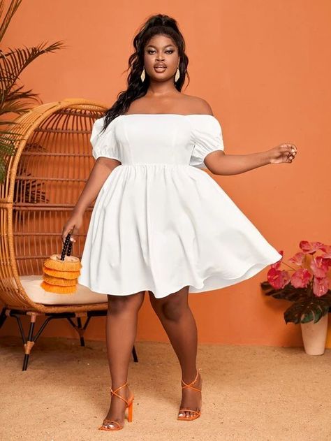 White Dress Plus Sized, White Sun Dress Plus Size, Plus Size Party Dress Special Occasions Cocktails, White Dress For Plus Size Women, Hairstyle For Puff Sleeve Dress, Short White Dress Plus Size, All White Party Outfits Plus Size, Plus Size Graduation Dress, Off Shoulder Puff Sleeve Dress