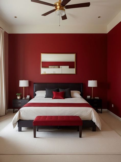 Red Wall Bedroom, Half Accent Wall, Red Accent Wall Bedroom, Paint One Wall, Minimalist Platform Bed, Red Bedroom Walls, Vibrant Bedroom, Maroon Walls, Red Bedroom Design