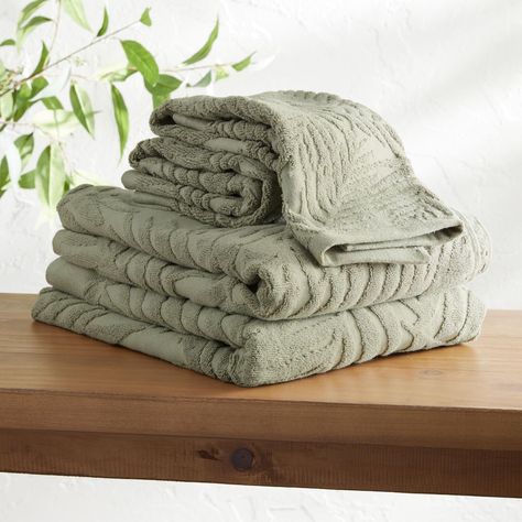 Sage Green Sculpted Palm Leaf Towel Collection - World Market Green Towels Bathroom, Green Bathroom Decor, Green Bath Towels, Bathroom Decor Themes, Palm Leaf Design, Green Towels, Hand Towels Bathroom, Cost Plus World Market, Green Bathroom