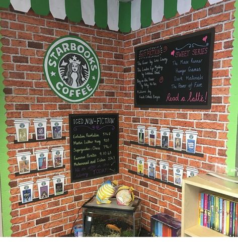 Coffee Shop Reading Corner Classroom, Star Books Cafe Classroom, Coffee House Theme Party, Coffeehouse Classroom Theme, Bookstore Classroom Theme, Starbucks Book Tasting, Coffee Shop Theme Classroom, Starbooks Display, Reading Cafe In Classroom