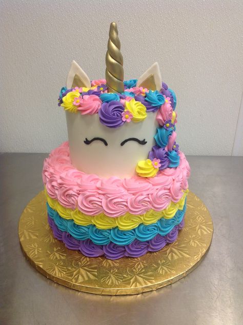 Unicorn Tier Cake, Unicorn Tiered Cake, Three Tier Unicorn Cake, Two Tier Unicorn Birthday Cake, 2 Tier Unicorn Cake Design, Tiered Cakes Birthday, Rosé Birthday, Frozen Birthday Cake, Unicorn Birthday Cake