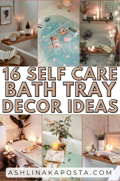 16 cozy and glam bathroom tray decor ideas for your next at home spa day — ASHLINA KAPOSTA Bathtub Accessories Ideas, Zen Bathtub Decor, Decorate Garden Tub, Bath Tub Decor Ideas Relaxing, Bathroom Tub Tray Decor, Bathtub Oasis Decor, How To Decorate Jacuzzi Tub Master Bath, Master Bath Staging Ideas, Decor Around Jacuzzi Tub Master Bath