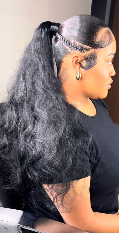 Slicked Ponytail, Ponytail For Black Women, Ponytail With Bangs, Stitch Braid, Side Braid Ponytail, Future Hairstyles, Slick Ponytail, Bangs Ponytail, Braid Ponytail