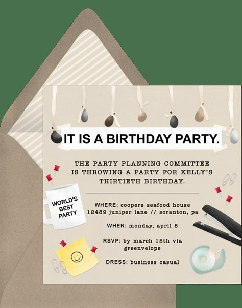 Office Birthday Invitations | Greenvelope.com The Office Birthday Invitation, The Office Invitations, Funny Birthday Party, Office Birthday Party, Baby Birthday Themes, 30 Birthday, Office Themes, Thirty Birthday, Kids Office