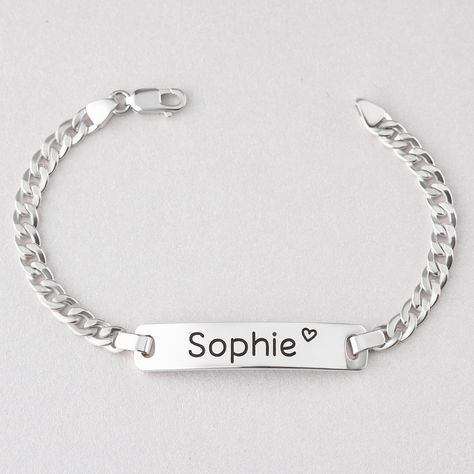 "Our sterling silver baby bracelet is the perfect gift for the little star in your life. Available in sterling silver with 18K yellow and rose gold plate options, these kids bracelets can be personalized with the child's name and date to create a lasting bespoke christening gift. ► PERSONALIZED BABY CHAIN BRACELET * Material: High Quality Solid 925 Sterling Silver * Finishing: Silver, Gold or Rose Gold. * Word limits: up to 8 characters for best visibility. * The plate charm measures approx. 1 1 Boy Bracelet, Silver Baby Bracelet, Bar Bracelet Personalized, Snake Ring Gold, Toddler Jewelry, Children Jewelry, Toddler Bracelet, Boys Bracelets, Rose Gold Plate