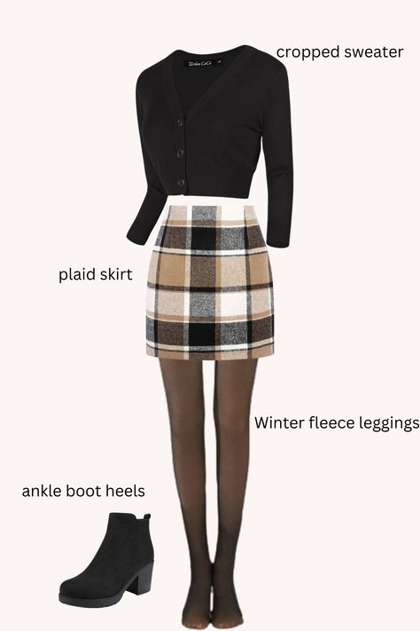 Winter outfit, Spring outfit, Fall outfit, Winter fleece black tights, leggings, plaid skirt, beige skirt,cropped cardigan, cropped sweater, ankle boots heels Wool Skirt Outfit Winter Short, Brown Plaid Skirt Outfit Fall, Tan Plaid Skirt Outfit, Wool Skirt Outfit Winter, Plaid Skirt Outfit Fall, Tights And Skirt Outfit, How To Style A Turtleneck, Skirt With Tights Outfit, Sweater Skirt Combo