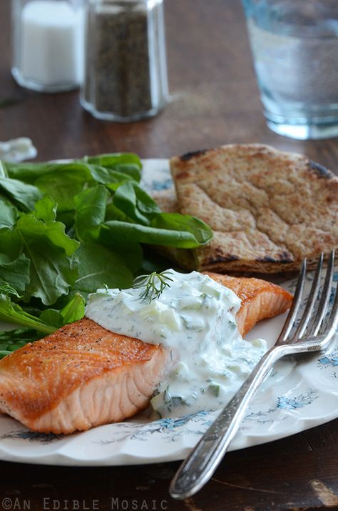 Delicious Dinner Ideas, Tzatziki Sauce Recipe, Easy Salmon, Seared Salmon, Tzatziki Sauce, Bride Magazine, Healthy Delicious, Food Pantry, Fish Dishes