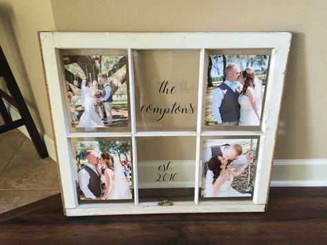 Old window pane window frame vintage rustic refurbished wedding pictures Wedding Signs Window Pane, 6 Pane Window Wedding Ideas, Window Pane Wedding Decor, Window Pane Decor, Old Window Panes, Picture Collages, Basement Designs, Wedding Window, Photo Wall Display