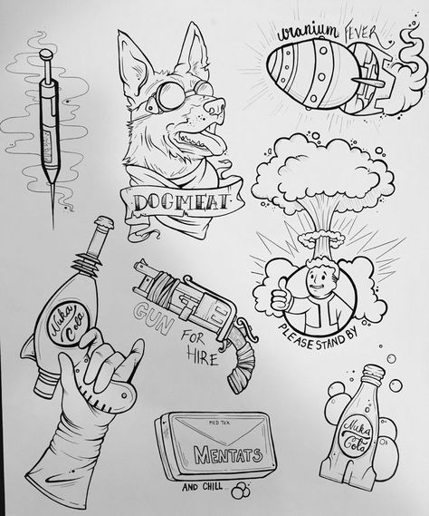 Dogmeat Tattoo, Gaming Flash Tattoo, Gaming Tattoo Designs, Nuka Cola Tattoo, Black And White Tattoo Ideas, Fallout Tattoo Ideas, Fallout 4 Tattoos, Video Game Tattoo Ideas, White Tattoo Ideas