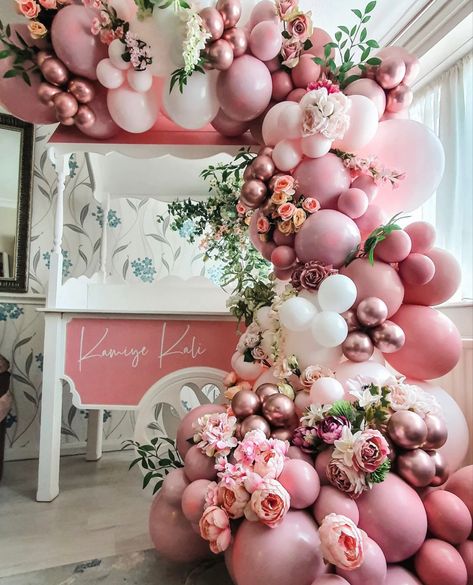 Pink Balloon And Flower Backdrop, Pink Floral Balloon Garland, Petals And Prosecco Balloon Arch, Balloon Garland Flowers, Baby In Bloom Balloon Backdrop, Pink Balloon Garland With Flowers, Blooming Into 30, Garden Party Balloon Arch, Flower And Balloon Backdrop