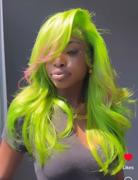 Outfits With Colored Hair, Green Sew In, Colorful Rubber Band Hairstyles, Yellow Hair Black Women, Yellow Green Hair, Coloured Wigs, Pink And Green Hair, Glow In The Dark Hair, Harajuku Barbie