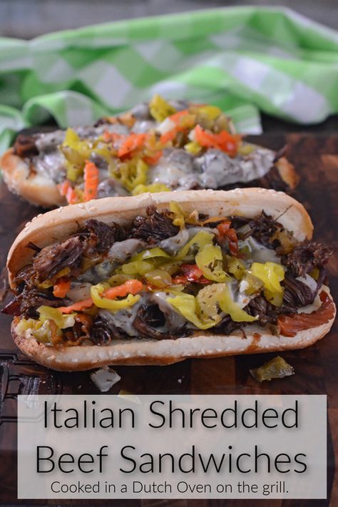 Italian Beef Sandwiches Dutch Oven, Italian Beef Dutch Oven, Braised Beef Sandwich, Dutch Oven Roast Beef, Italian Shredded Beef, Bge Recipes, Chicago Beef, Italian Roast Beef, Shredded Beef Sandwiches