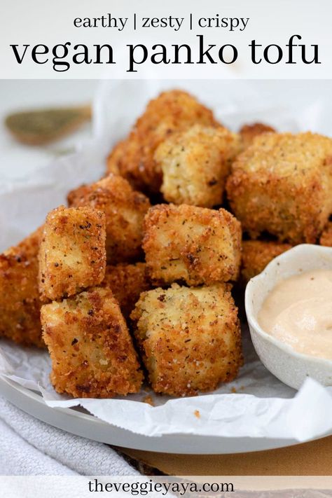 These breaded tofu cubes are coated in vegan batter and crispy seasoned panko breadcrumbs, then pan-fried until crunchy and perfectly golden. They're so easy to make and are a great vegan protein source. Serve atop a nutritious grain bowl, with noodles or rice, or just eat them as is! Crispy Fried Tofu Recipe, Panko Tofu, Panko Bread Crumbs Recipe, Panko Recipes, Tofu Sushi, Tofu Cubes, Vegan Cajun, Breaded Tofu, Bread Crumbs Recipe