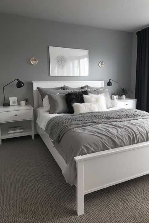 White Black Gray Aesthetic, Light Gray Room Ideas, Grey Carpet Bedroom Decor, Grey Bedroom White Furniture, Grey Walls Bedroom Aesthetic, Light Grey Room Aesthetic, Blue Small Bedroom, Light Grey Walls Bedroom, Blue And Silver Bedroom Ideas