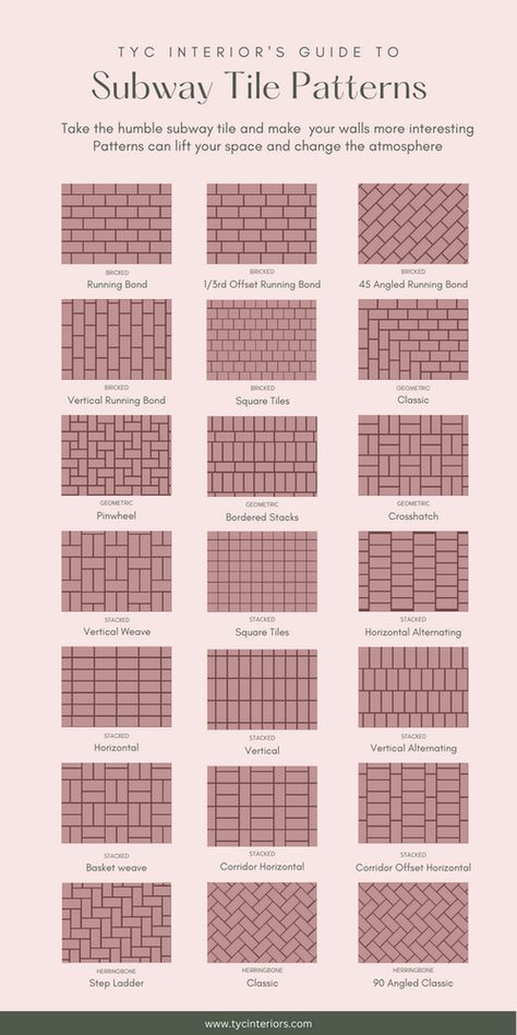 Different ways you can lay your subway tile Subway Tile Patterns Bathroom, Subway Tile Layout, Subway Tile Bathroom Ideas, Tile Laying Patterns, Tile Layout Patterns, Tiling Patterns, Subway Tile Bathroom, Tile Bathroom Ideas, Subway Tile Patterns