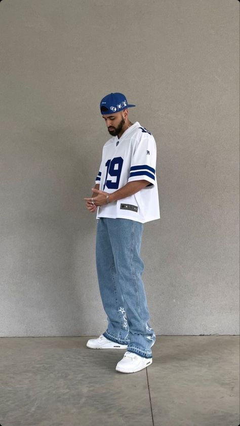 Designer Drip Outfits Men, Men White Outfit, Blue Streetwear Outfit, Hiphop Outfit Men, Railing Designs, Vetements Shoes, Guys Fashion Casual, Football Jersey Outfit, Drippy Outfit