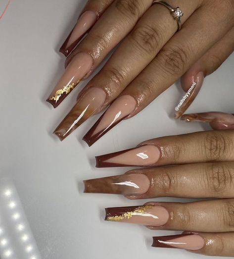 Gold Gel Nails, Nail Shapes Square, Brown Acrylic Nails, Gold Acrylic Nails, Brown Nails Design, Gold Nail Designs, Nude Nail Designs, Nails Now, Classy Acrylic Nails