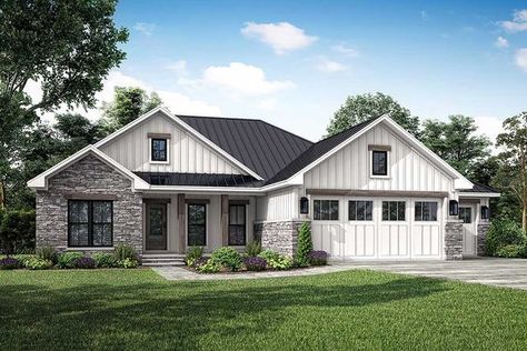 This modern rustic ranch home plan is budget- friendly in that it comes in at just 1,498 square feet of heated living space (i.e. less materials than a larger home and a standard footprint).Inside, you get a split bedroom layout with the great room - with 10' ceiling - open to the kitchen and dining area giving you open front-to-back living.The kitchen has a roomy 3' by 7' island and a pantry (4'8" by 4'2"). A sliding door on the back wall opens to the outside where a patio - not included in the 3 Car Garage Ranch House Plans, Modern Farmhouse Ranch Style Homes, Ranch Home With Garage, Two Vanity Bathroom, Updated Ranch House, Starter Home Floor Plans, Ranch Home Exteriors, Rustic Ranch Home, Simple Ranch House Plans