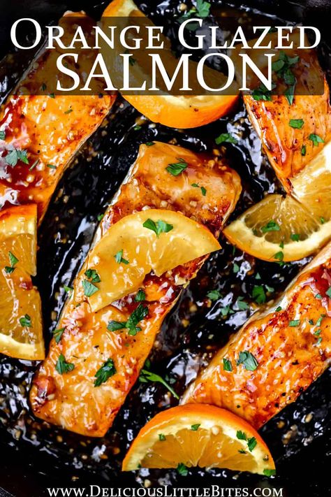 Orange Glazed Salmon is a quick and easy, family-friendly dinner recipe. This sweet and savory dish requires just 5 ingredients and 15 minutes to prepare.  | #salmon #orangesalmon #seafood #recipe #dinner Salmon Stove Top Recipes, Orange Honey Salmon Baked, Quick And Easy Salmon Recipes Oven Baked, Salmon With Orange Juice, Salmon For Kids, Orange Teriyaki Salmon, Salmon With Apricot Glaze, Orange Marmalade Salmon, Orange Maple Glazed Salmon