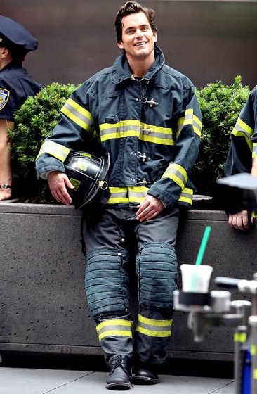 Matt Bomer donned a firefighter's uniform shooting White Collar Matt Bomer White Collar, The Normal Heart, John Barrowman, Set Photo, Grant Gustin, Stephen Amell, Fire Fighter, Matt Bomer, Christian Grey