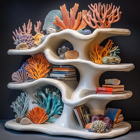 This coral-inspired bookshelf brings the beauty of the ocean into your home, with its organic, branching structure mimicking the intricate forms of underwater reefs. Crafted with flowing, asymmetrical shelves that resemble coral formations, the design creates a stunning visual centerpiece while providing ample space for books and decorative items. The natural curves and soft edges evoke a sense of tranquility and connection to the sea, making this bookshelf both functional and artistic, perfe... Coral Bookshelf, Coral Shelf, Ocean Bedroom Ideas, Asymmetrical Shelves, Coral Reef Design, Ocean Bedroom, Soft Edges, House By The Sea, Coral Reefs