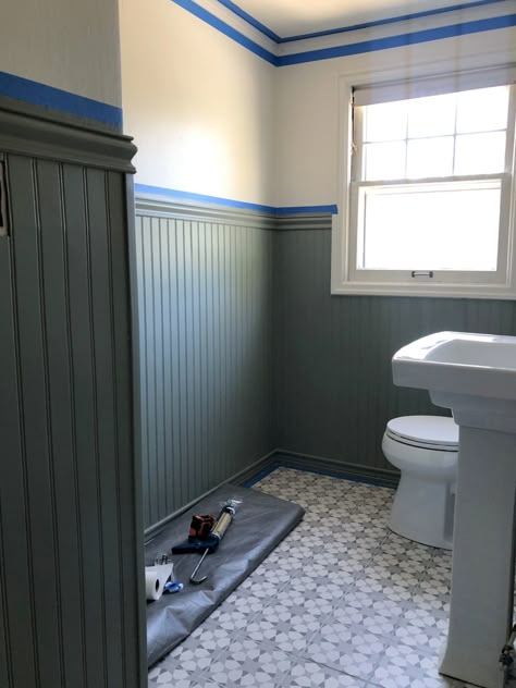 Bathroom Painted Wainscoting, Craftsman Bathroom Wainscotting, Painted Paneling Bathroom, Dark Green Wainscoting Bathroom, Bathroom Paint Wainscoting, Remodel Old Bathroom, Hall Bathroom Makeover, Painting Wainscoting Ideas Color Schemes, Dark Green Beadboard Bathroom