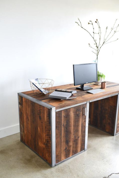 Large Industrial Desk made from Reclaimed Wood Steel / Built Custom Industrial Furniture, Printer Cabinet, Reclaimed Wood Desk, Interior Design Singapore, Industrial Desk, Industrial Design Furniture, Boutique Interior Design, Cabinet Dimensions, Industrial Modern