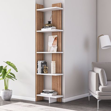 Zipcode Design 170Cm H x 45.72Cm W Corner Bookcase & Reviews | Wayfair.co.uk Built In Corner Shelves, Corner Shelving Unit, Tall Bookshelves, Corner Bookshelves, 5 Shelf Bookcase, Framed Photos, Bookshelf Storage, White Bookcase, In The Corner