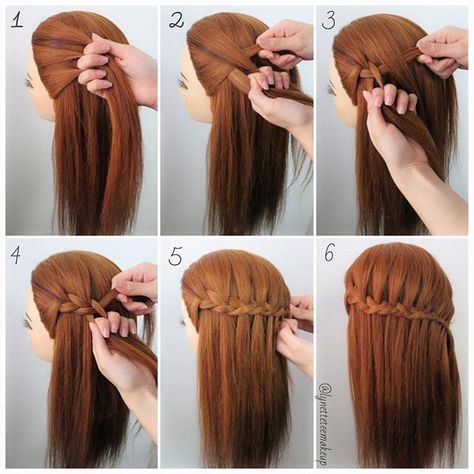 Waterfall Braid Tutorial, Waterfall Braid Hairstyle, Waterfall Hairstyle, Braids Step By Step, Medium Hair Braids, Waterfall Braids, Step By Step Hairstyles, Waterfall Braid, Braid Tutorial