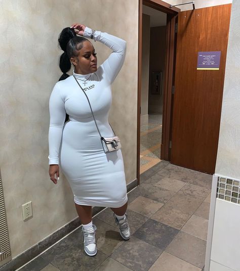 Leather Dress And Sneakers, Plus Size Dress With Sneakers Outfit, Sneaker Ball Outfit Ideas Plus Size, Plus Size Sneaker Ball Outfit, Plus Size Baddie Outfits With Sneakers, Sneaker And Dress Outfit Plus Size, Black Dress With Sneakers Plus Size, Dresses With Sneakers Black Women, Plus Size Dress With Sneakers