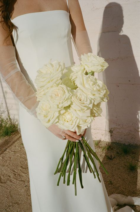 wedding aesthetic, wedding dress, white roses, wedding gloves, bridal bouquet, long stem white roses, white wedding, classic wedding, minimal wedding Bridal Bouquet Long Stem, Long Stem Bouquet, Aesthetic Wedding Dress, Wedding Minimal, White Rose Wedding Bouquet, Garden Rose Bouquet, White Rose Bouquet, Wedding Mirror, Arizona Wedding Venues