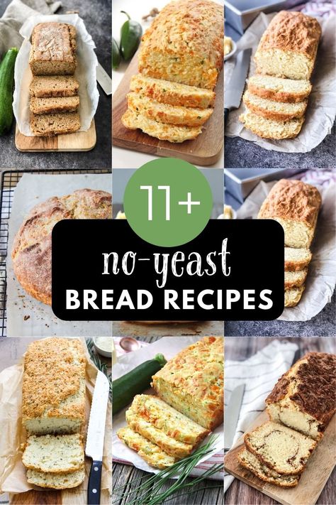 Yes you can make delicious homemade bread without yeast! These Easy Homemade No Yeast Bread Recipes require no yeast, no kneading, no rising. So easy. So delicious! I'm sharing both sweet and savoury variations. Easy No Knead Bread Recipes, Yeast Free Bread Recipes, Bread Recipes Yeast, No Yeast Bread Recipes, No Knead Bread Recipes, Yeastless Bread, Basic Quick Bread Recipe, Yeast Free Bread, Easy No Knead Bread