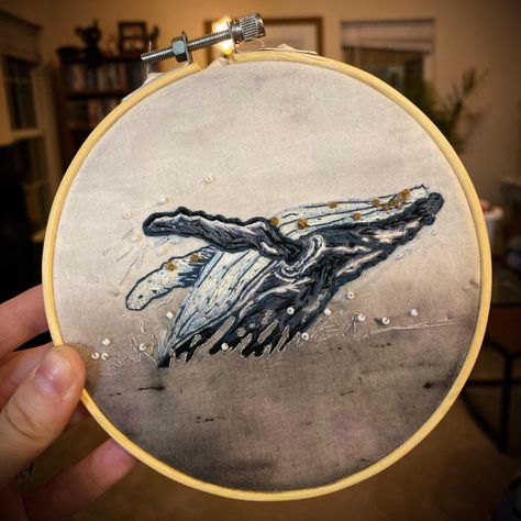 Humpback Whale Embroidery, Embroidery With Watercolor, Whale Embroidery Pattern, Embroidery Watercolor, Watercolor Embroidery, Embroidered Whale, Whale Embroidery, Diy Home Projects, Beautiful Crafts