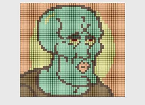 Handsome Squidward Perler Beads, Pixel Art Squidward, Alpha Patterns Spongebob, Pixel Art Pattern Spongebob, Squidward Perler Beads, Squidward Pixel Art, Alpha Pattern Spongebob, Spongebob Pixel Art Grid, Spongebob Cross Stitch Pattern