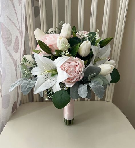 Tulips And Lilies Bouquet, Tulip And Lily Bouquet, Blush Pink Bridal Bouquet, White Greenery Wedding, Tulip Bouquet Wedding, Tulip Bridal Bouquet, White Lily Bouquet, White Tulip Bouquet, Casablanca Lily