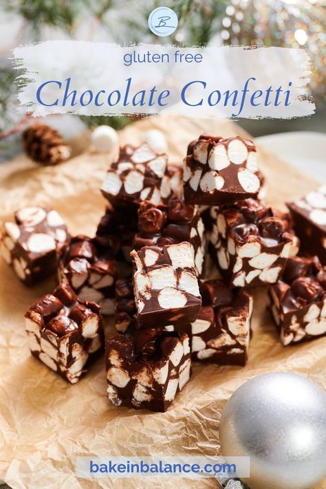 Chocolate confetti are no-bake squares that are quick and easy to whip up. Soft and chewy, fudgy peanut butter chocolate, loaded with mini marshmallows. Naturally gluten free, they're perfect for your holiday cookie tray! | recipe at bakeinbalance.com | #nobakecookies #glutenfreecookies Confetti Squares, Peanut Butter Marshmallow, Delicious Gluten Free Recipes, Cookie Tray, Peanut Butter Chocolate, Holiday Cookie, Mini Marshmallows, Gluten Free Chocolate, Gluten Free Cookies