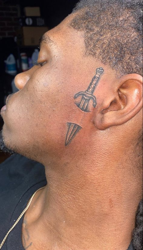 Under Chin Tattoo Men, Good Neck Tattoos For Men, Black Male Neck Tattoos, Neck Tattoos For Men Black, Middle Neck Tattoo, Men’s Side Of Head Tattoo, Side Of Head Tattoo Men, Neck Tats For Guys, Side Face Tattoo Men