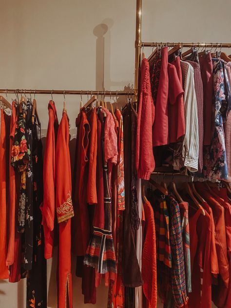 Red Closet Aesthetic, Red Closet, Red Clothes, Vintage Aesthetics, Clothes Closet, Red Outfit, Clothing Rack, Wardrobe Rack, Wardrobe