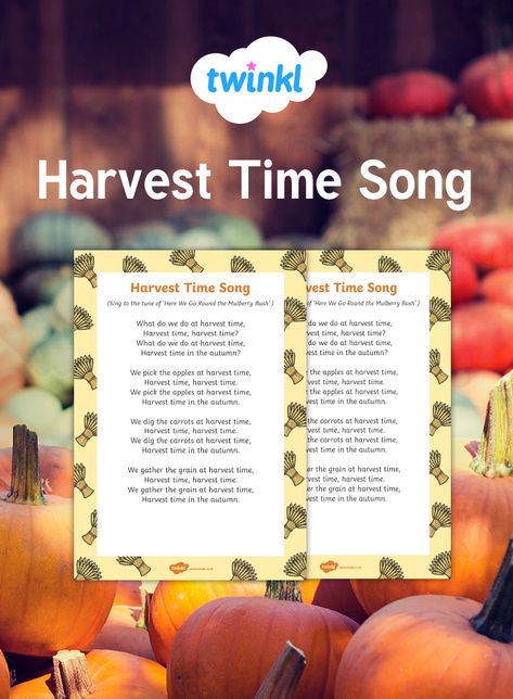 🎵 A harvest song, ideal for young children to accompany activities and stories based on the topic of harvest. Sung to the familiar tune of 'Here We Go Round the Mulberry Bush', it also has opportunities for children to add their own verses on the end! #harvest #song #music #assembly #rhyme #autumn #school #children #teacher #teach #education #musical #parents #twinkl #twinklresouces Harvest Songs Preschool, Preschool Harvest Activities, Harvest Poems, Preschool Harvest, Harvest Activities, Harvest Songs, Thanksgiving Activities Preschool, Harvest Crafts, Autumn School