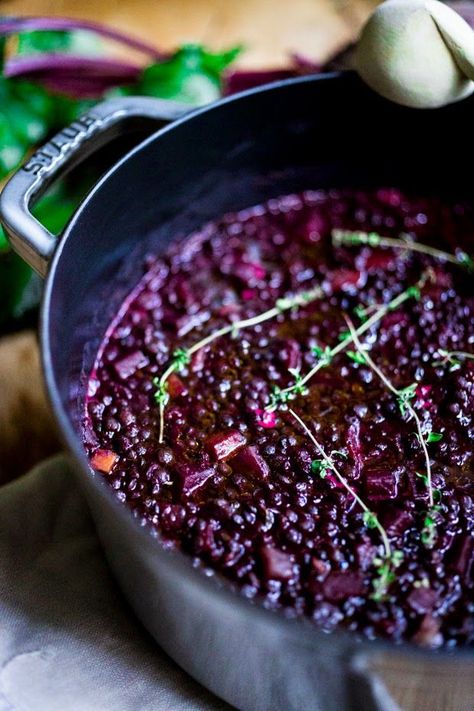 beet-braised lentils - healthy side with a super pretty color.: Braised Lentils, Feasting At Home, Vegetarian Main Course, Vegan Stew, Beet Recipes, Vegan Main Dishes, Lentil Recipes, Main Course Recipes, Goat Cheese