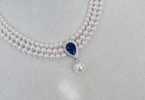 Sapphire Necklace Wedding, Sapphire And Pearl Necklace, Vintage Pearl Necklace, Color Stones Jewelry, Earrings Matching, Blue Stone Necklace, Blue Sapphire Necklace, Pearl Necklace Vintage, Bridal Choker