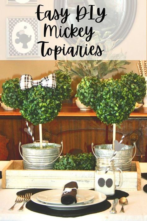 Create your own DIY Mickey topiary set for your home, tablescape, or front porch. Our tutorial makes it quick, easy, and affordable to add some classic Disney magic to your home for a few dollars. Minnie Mouse Topiary Diy, Disney Christmas Porch Decor, Mickey Mouse Topiary Diy, Disney Topiary Diy, Disney Front Porch Decor, Mickey Topiary Diy, Disney Centerpieces Diy, Diy Disney Decor, Diy Disney Christmas