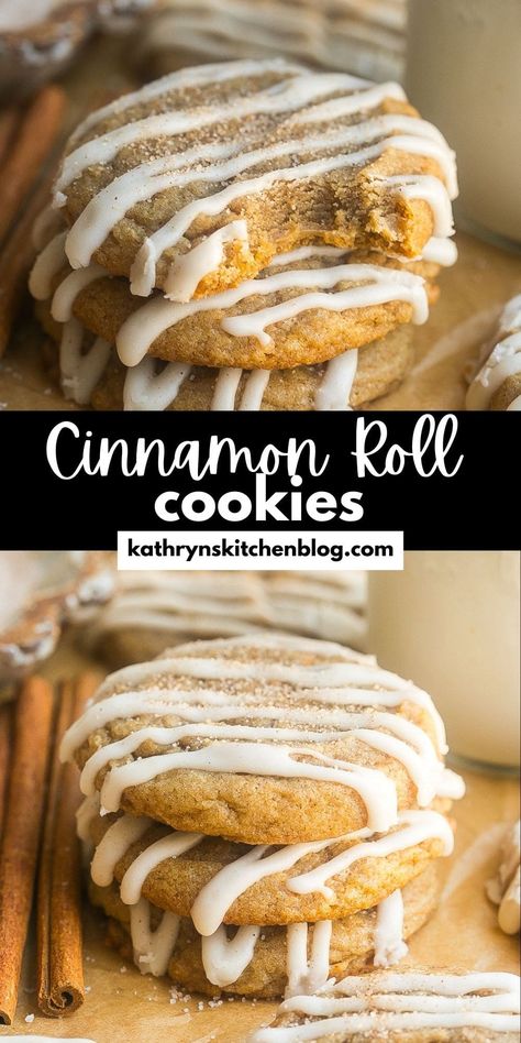 Soft Cinnamon Roll Cookies with a Cream Cheese Frosting Cinnamon Cookies Recipe, Fun Rice Krispie Treats, Homemade Toffee, Cinnamon Roll Cookies, Drink Inspiration, Cream Cheese Glaze, Chewy Sugar Cookies, Cinnamon Cookies, Cream Cheese Cookies