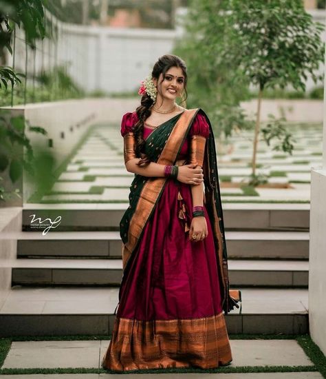 Dhavani Half Saree Color Combos, Davani Half Saree Kerala, Pattu Pavada Women, Tamil Photography, Engagement Lehengas, Net Saree Blouse Designs, Telugu Culture, Marathi Culture, Onam Outfits